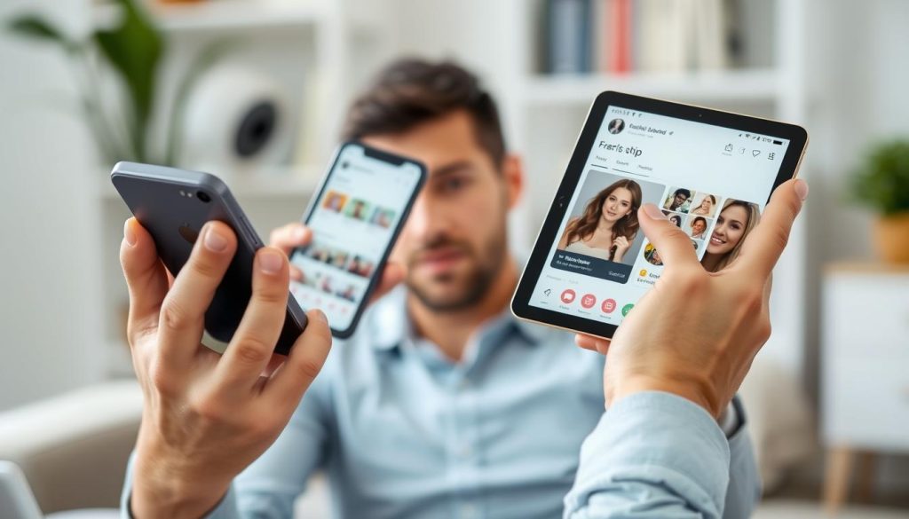 Person comparing multiple dating apps on their phone and tablet