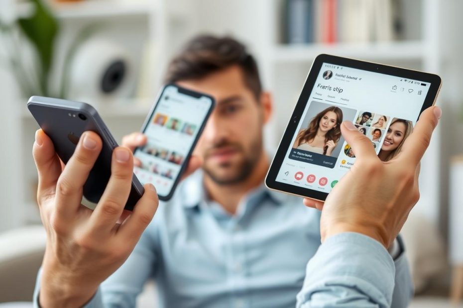 Person comparing multiple dating apps on their phone and tablet